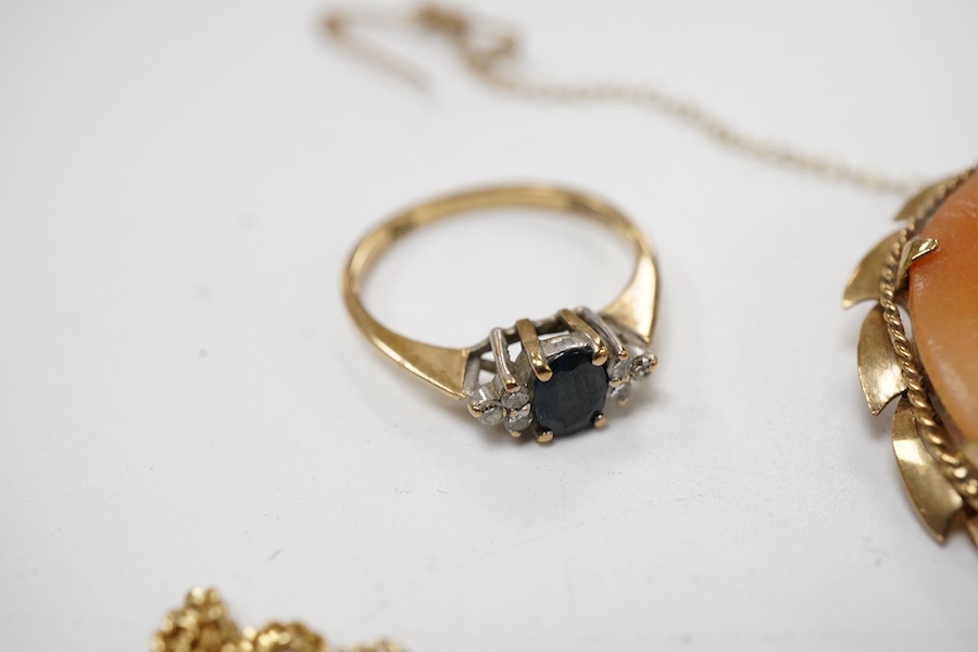 A collection of jewels, including a shell cameo pendant, length 3cm; a chain, length 45.5cm; two sapphire and diamond rings, each size H; and a wedding band, size J, each with British hallmarks for 9ct gold, combined gro